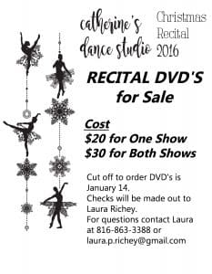 Catherine's Dance Studio Christmas 2016 DVD order form.